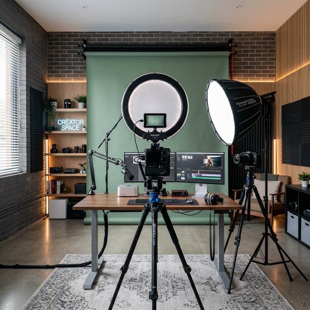 Content creation studio with ring lights, cameras, tripods and creator equipment